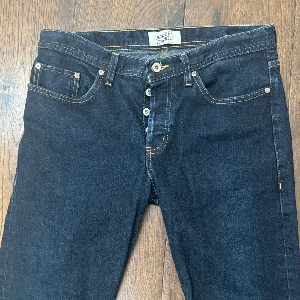 Naked & Famous “Weird Guy” Indigo Selvage Button Fly Men’s Jeans. 34W x 31L XLNT